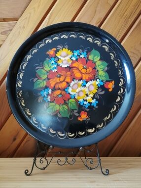 Vintage Hand Painted Floral Metal Tray Round Black Folk Art Decor